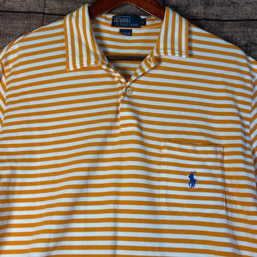 Polo Ralph Lauren Mens Large Orange White Striped Pique Polo Shirt Blue Pony